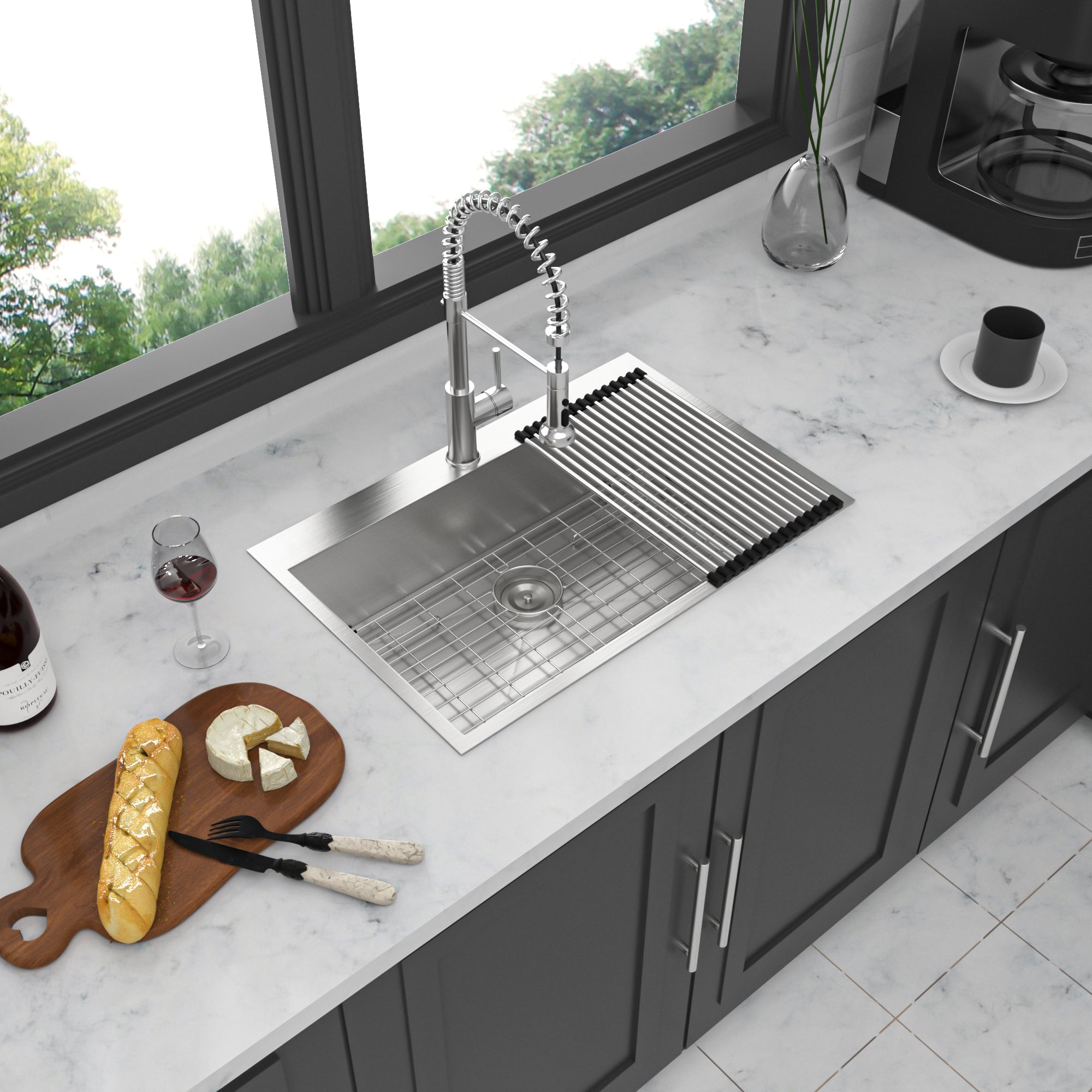 Brushed Nickel 33 x 22 Inch Kitchen Sink Drop In 16 Gauge Stainless Steel Single Bowl Topmount Basin