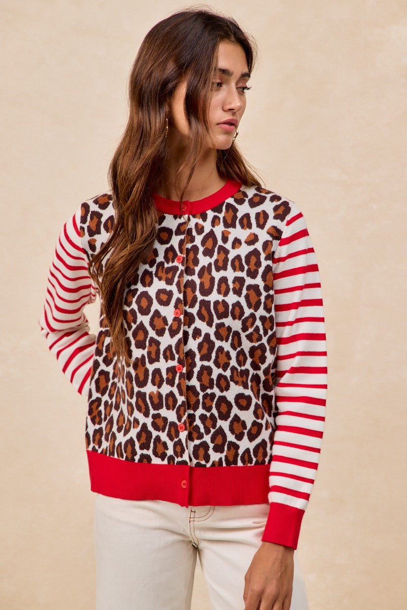 BiBi Leopard With Stripe Combo Buttoned Cardigan