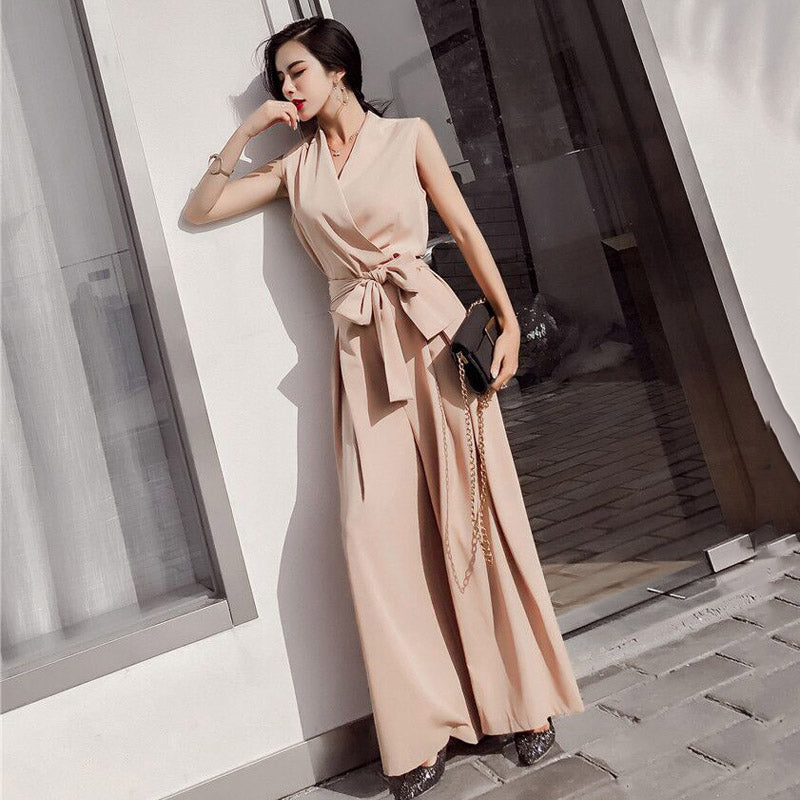 Chicever Women's V-Neck Wide-Leg Jumpsuit with Bow