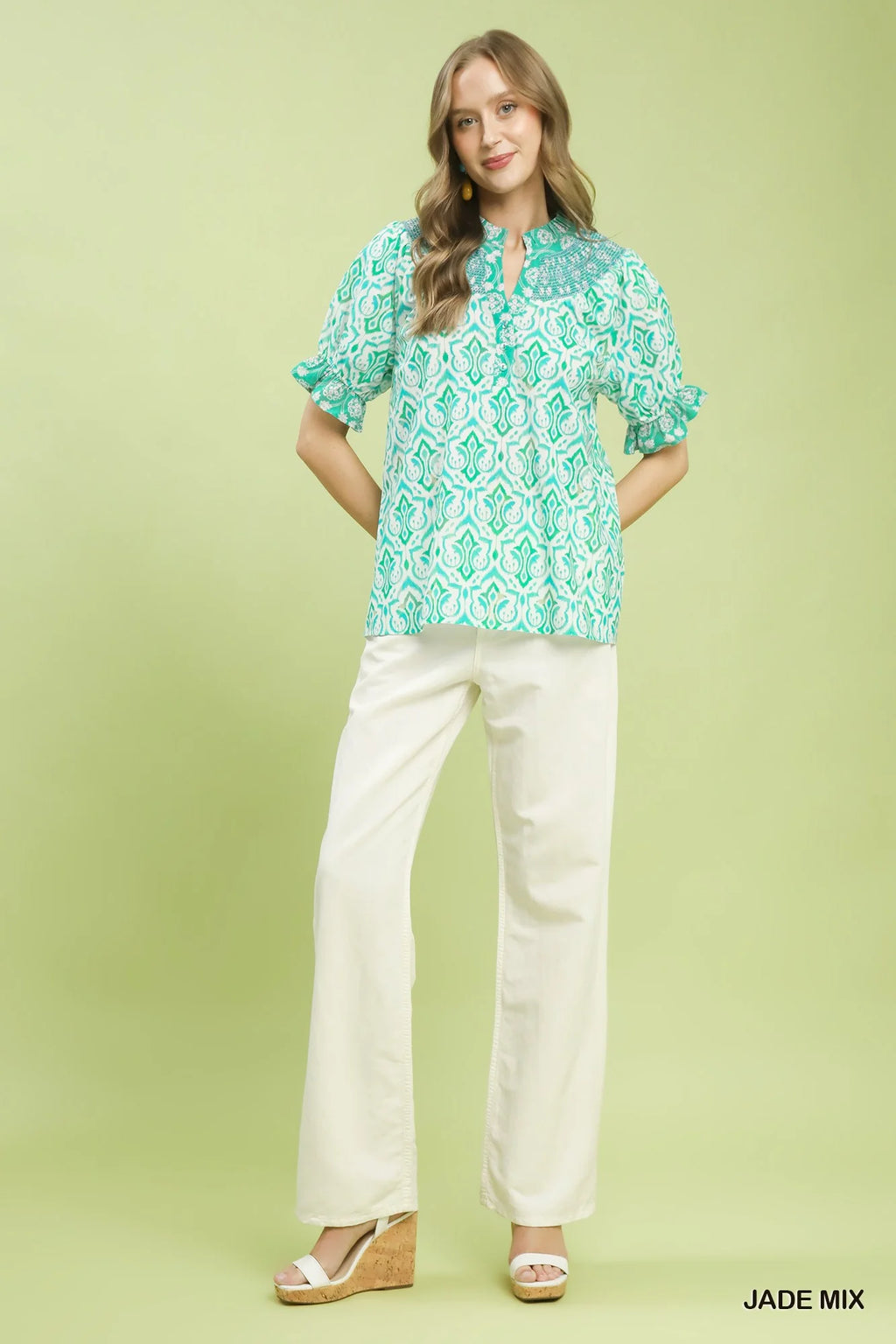 Umgee Mix Boho Puff Sleeve Smocked Top