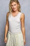 POL Round Neck Cropped Tank with Lace Trim