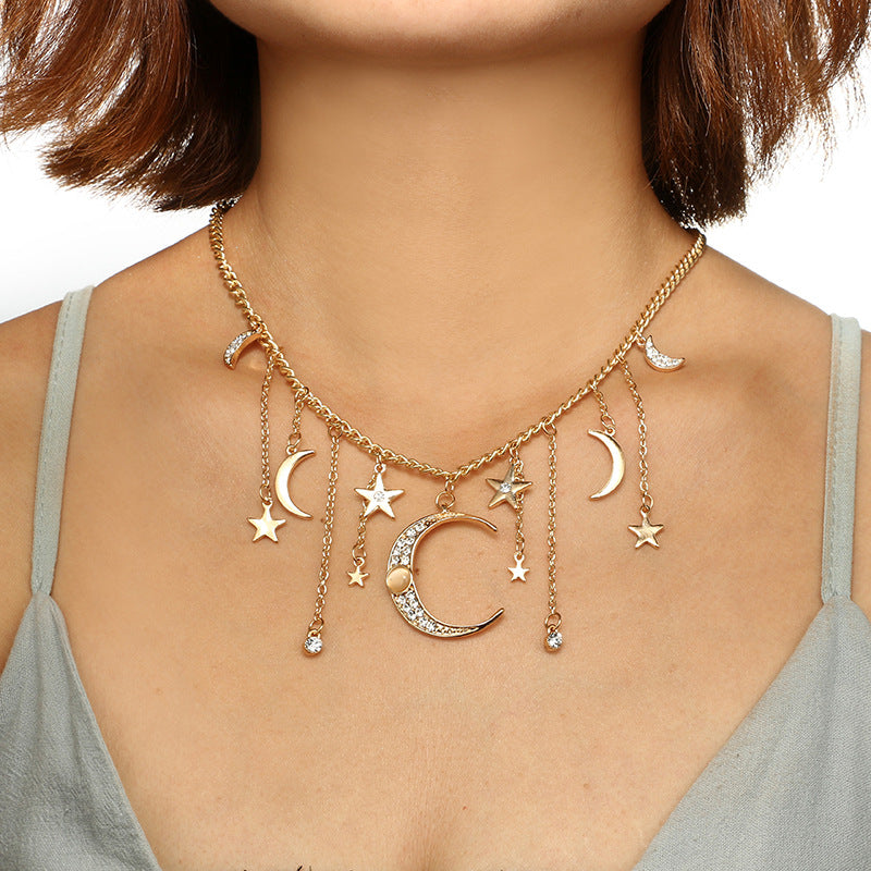 Star and Moon Tassel Pendant Chain Necklace