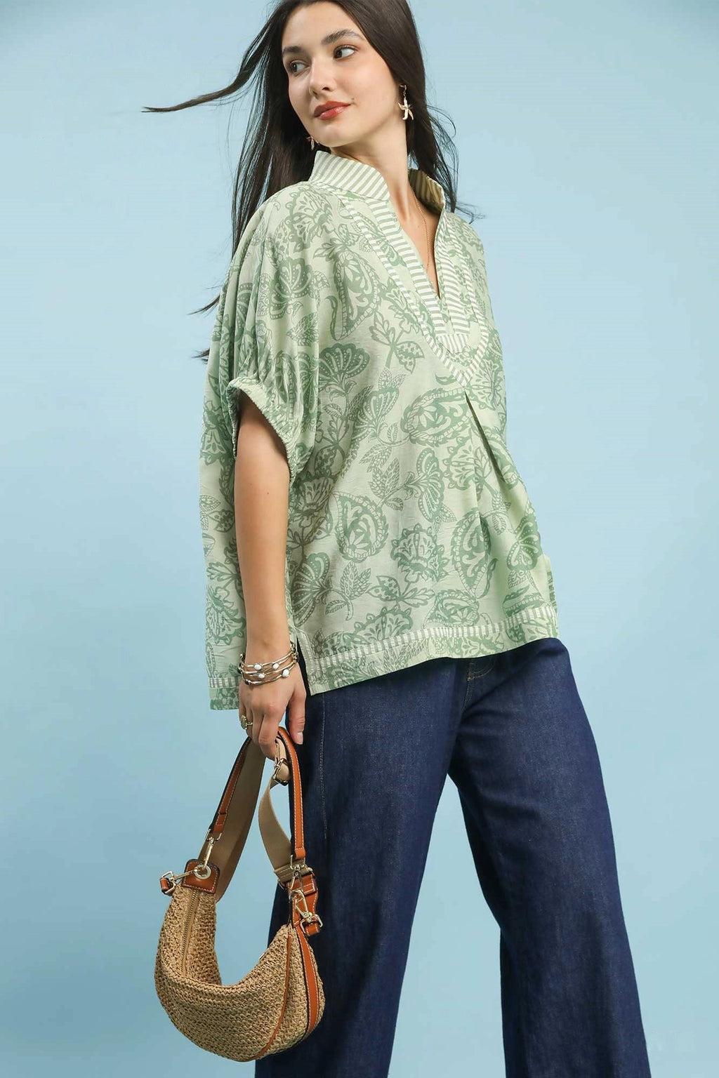 Umgee Botanical Print Mixed Trim Tunic Top
