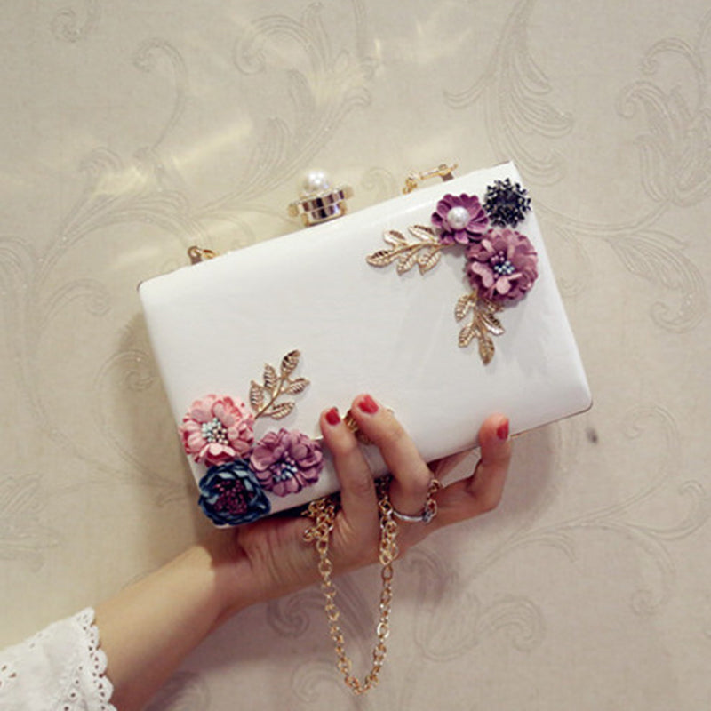 Women's Leather Evening Clutch Bag with Floral Design