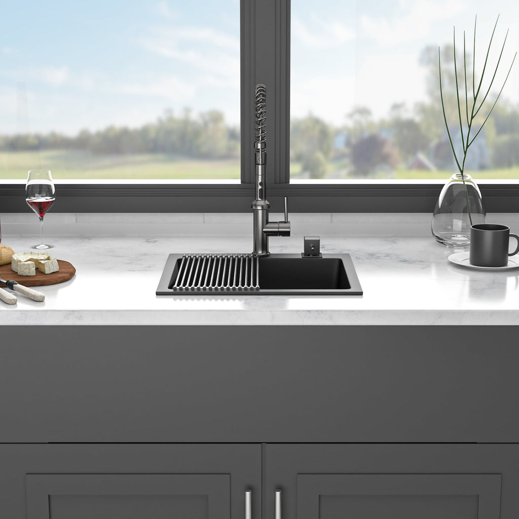 Quartz Kitchen Sink - 25 x 22 Inch Black Granite Composite Drop-In Sink