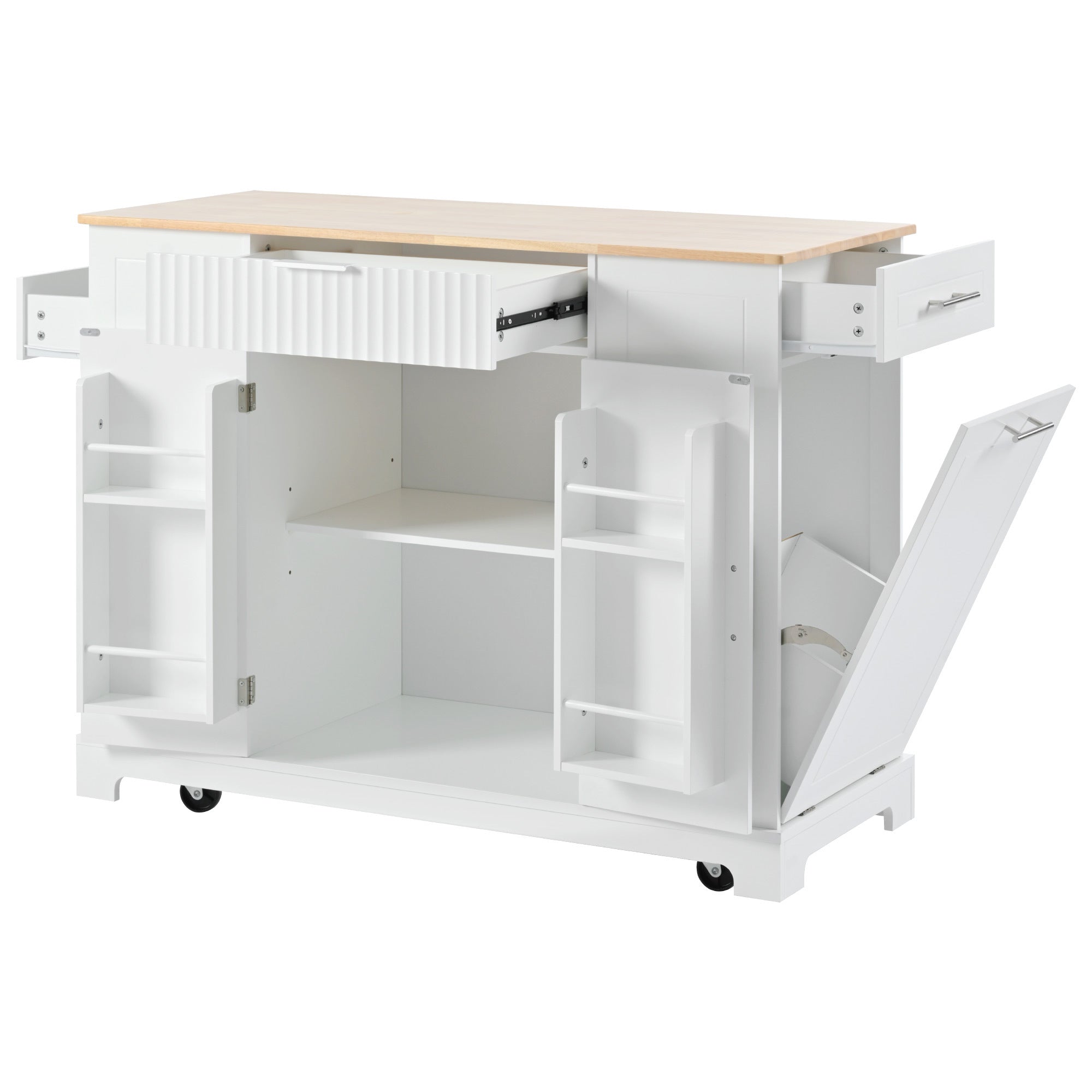K&K Fluted Kitchen Island with Trash Can Storage Cabinet, Power Outlet, Internal Storage Rack, Rolling Kitchen Islands on 5 Wheels with 3 Drawer, 3 Open Side Racks for 10 Gallon Garbage Bin, White