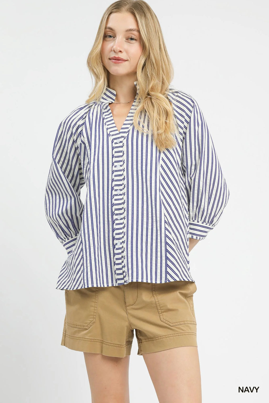 Umgee Striped V-Neck Button Down Top