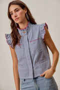 SO ME Stripe Twill Stitch Ruffled Hidden Button Vest Top
