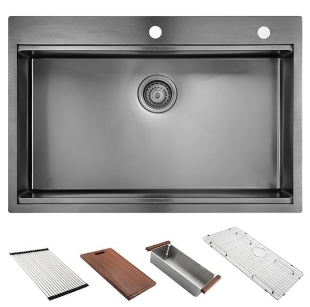 30' x 22' Black Drop In Kitchen Sink,  16 Gauge Stainless Steel Workstation Sink