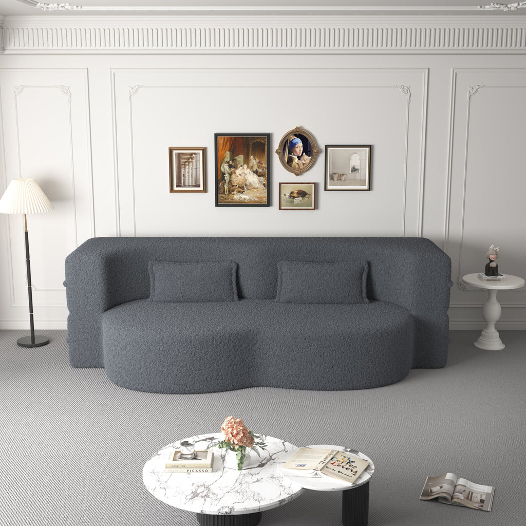 Modern Floor Sofa, with 2 Pillows, Convertible Teddy Fabric Foam Filled Bed, 15 inch Full Size Folding Mattress, Suitable for Living Room, Guest room, Game Room, Grey
