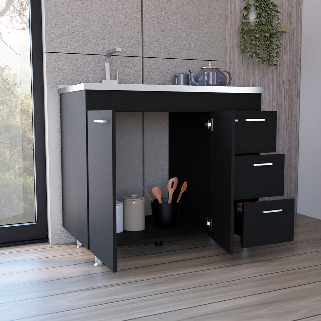 Ferretti Utility Sink with Three Drawers and Double Door Cabinet Black