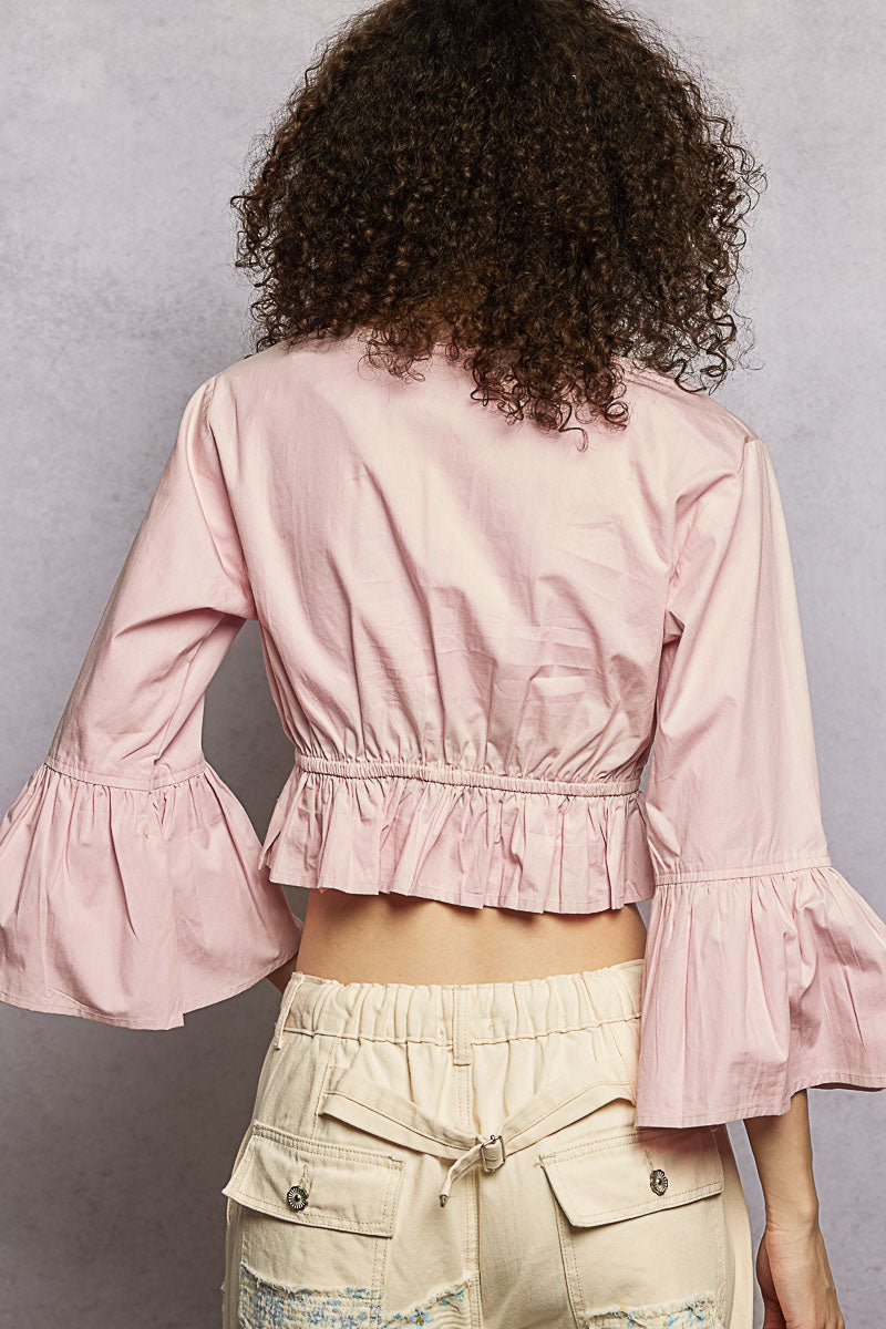 POL Floral Embroidered Cropped Blouse with Flared Ruffle Sleeves