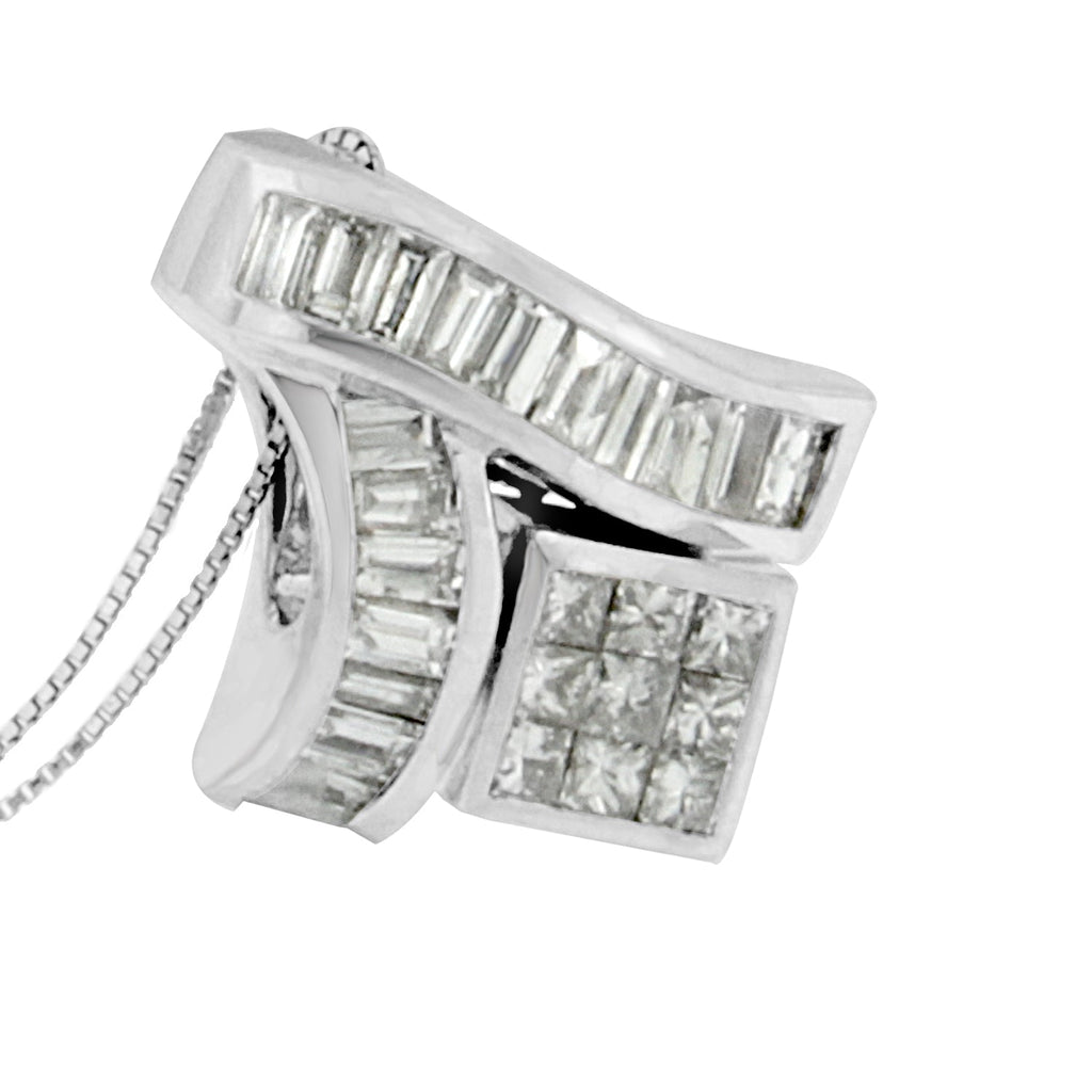 14K White Gold 1 7/8 cttw Princess and Baguette Cut Mixed Geometry Diamond Pendant Necklace (G-H, SI1-SI2)