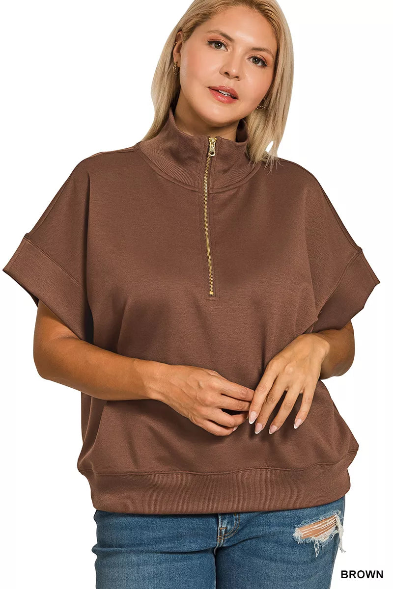 Zenana Full Size Scuba High Neck Half Zip Short Sleeve Top Plus Size