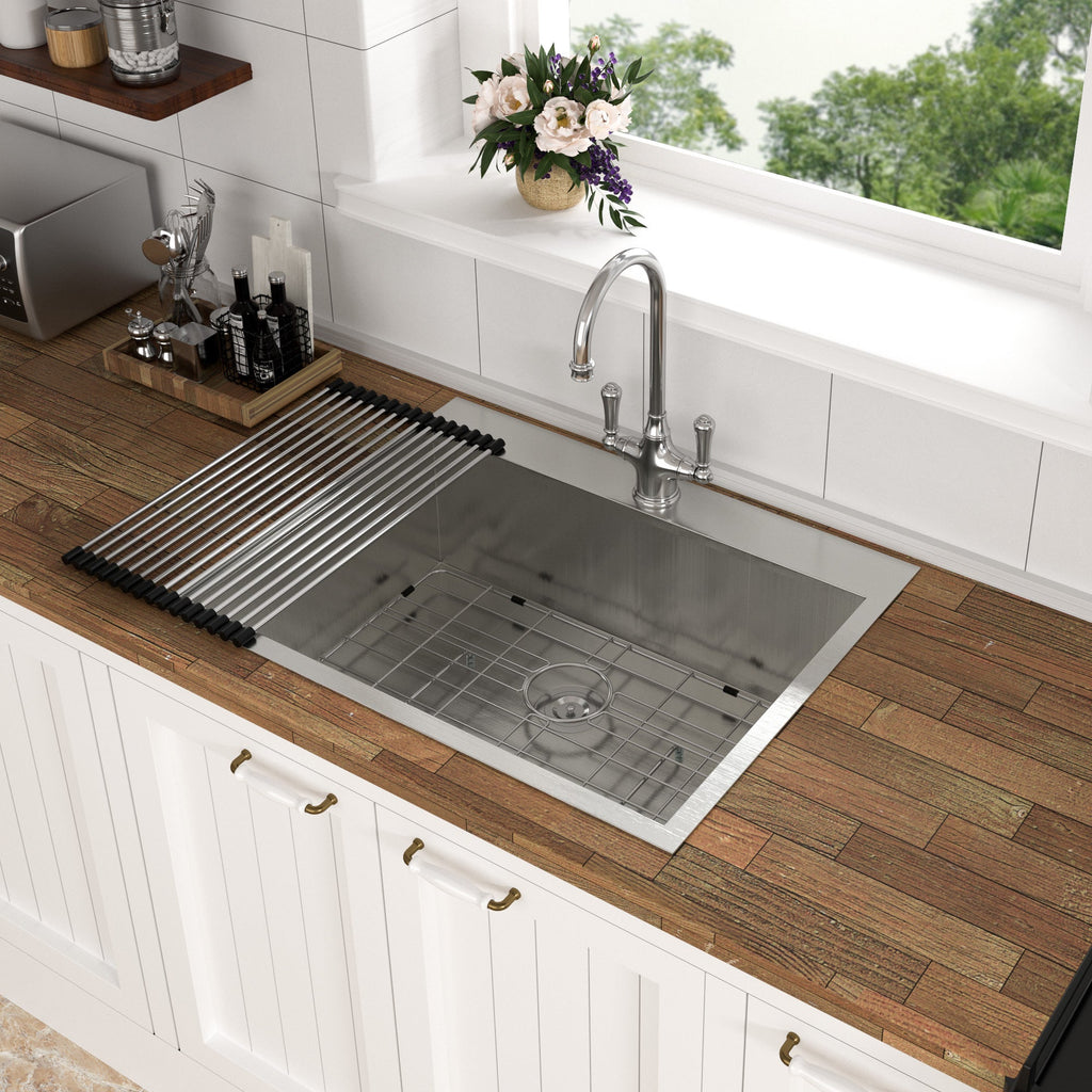 Brushed Nickel Stainless Steel 25 x 22 x 9 Inch Kitchen Sink Drop In with Single Bowl Topmount Design