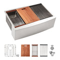 Farmhouse Double Bowl Workstation Kitchen Sink - 33 Inch Stainless Steel 16 Gauge Apron Front, Brushed Nickel Finish