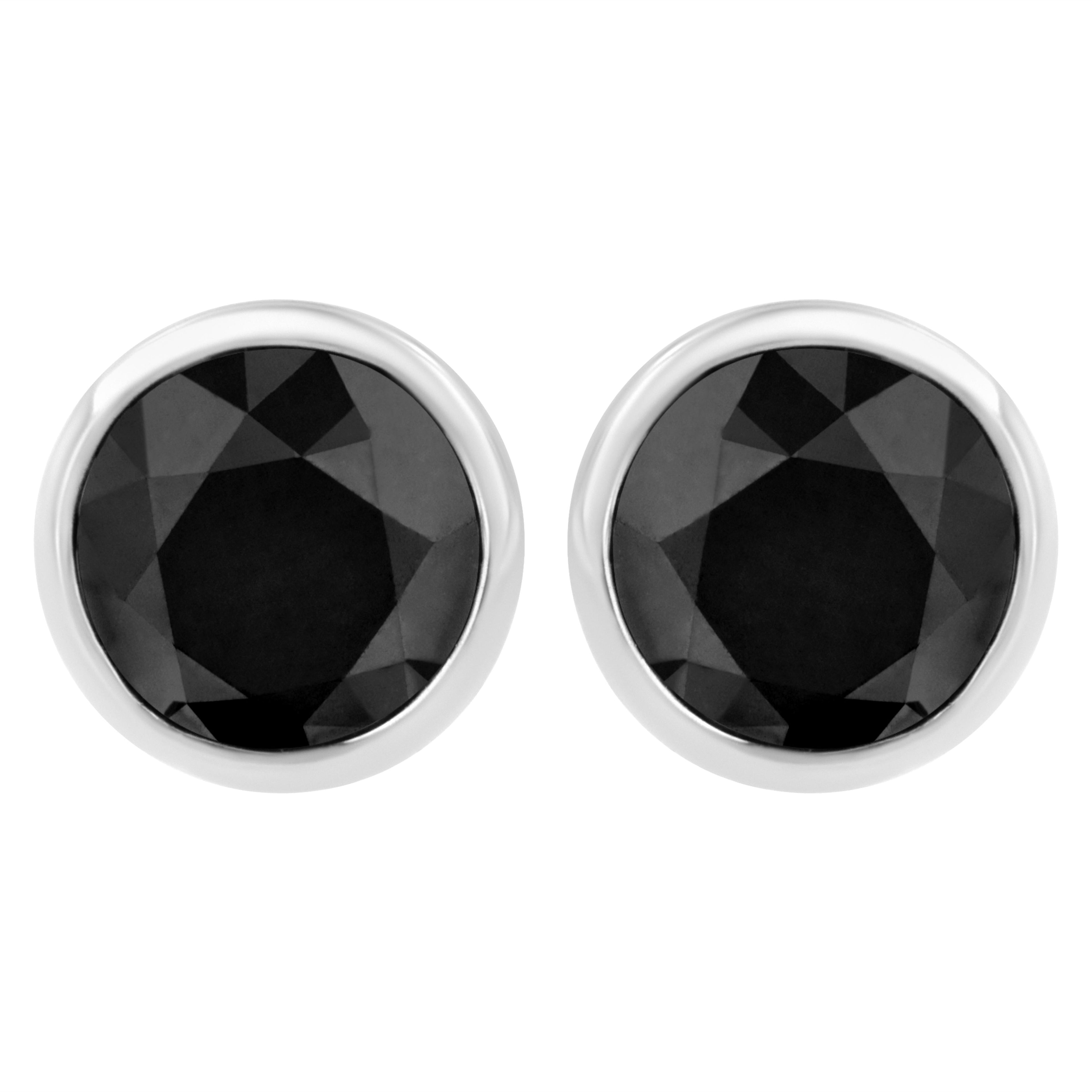 14K White Gold 1/2 Cttw Round Brilliant-Cut Black Diamond Bezel-Set Stud Earrings with Screw Backs (Fancy Color-Enhanced, I2-I3 Clarity)