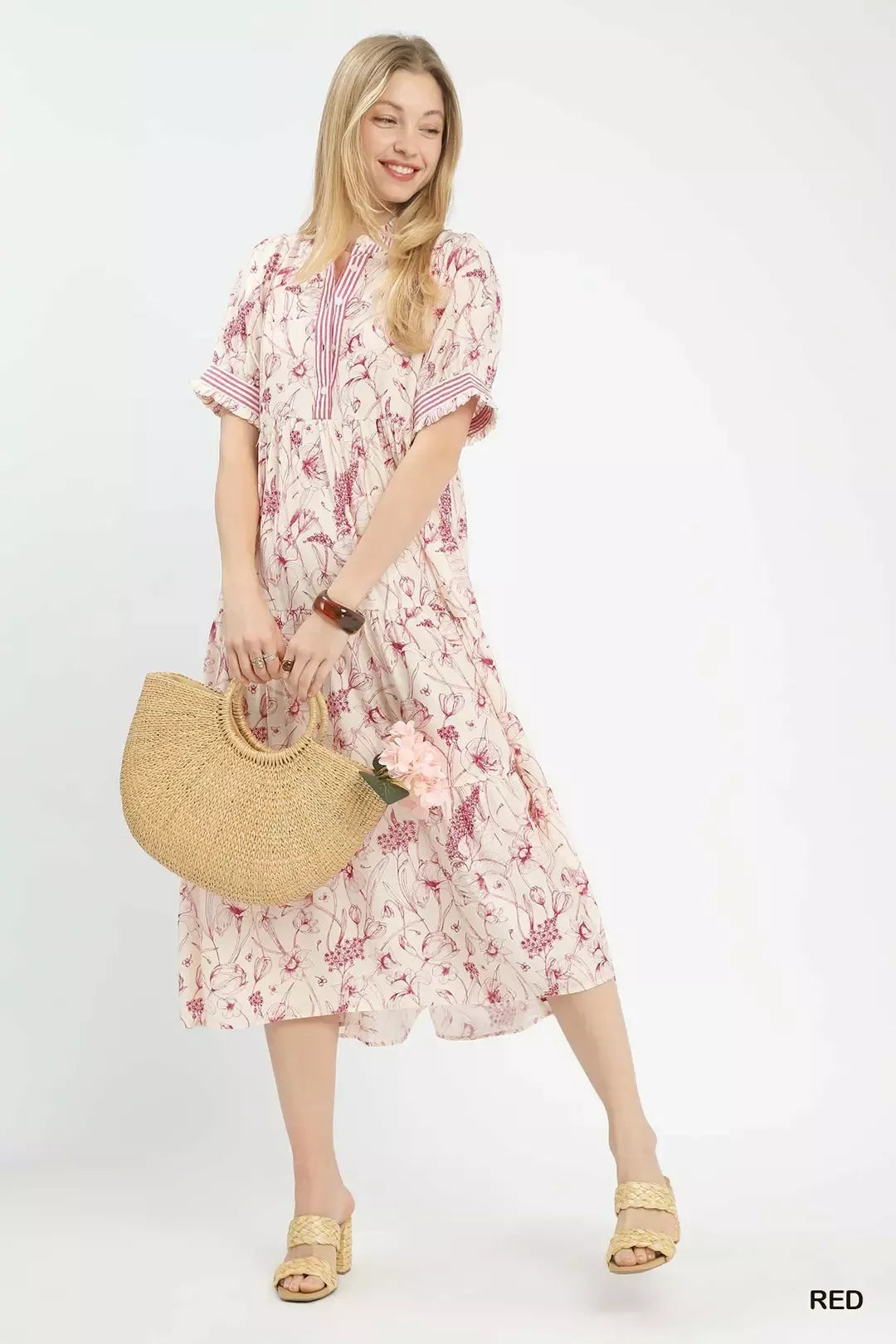 Umgee Floral Tiered Midi Dress with Ruffle Trim