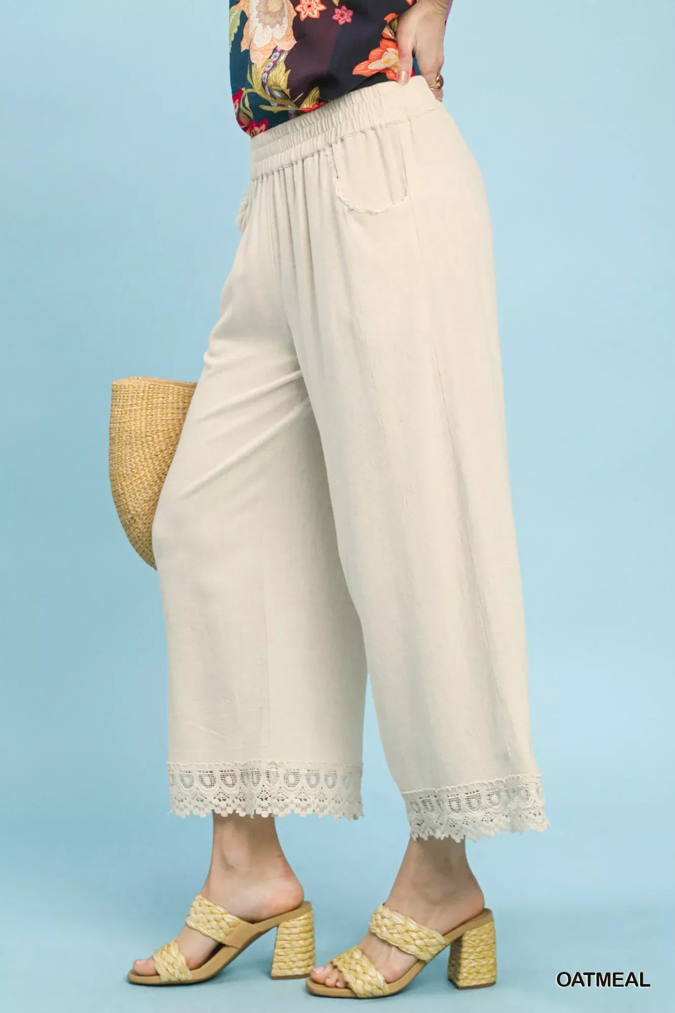 Umgee Linen Wide Leg Cropped Pants with Lace Trim