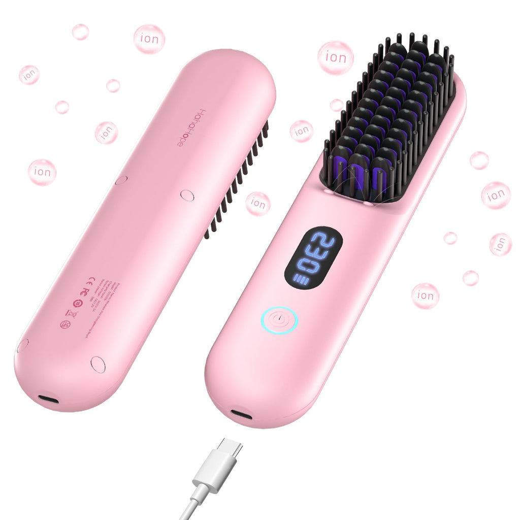 Cordless Hair Straightener Brush-Portable Straightening Comb 9600mAh Batt Plasma Tech 9 Temp-Settings & LED Display for Travel & Home(Pink)