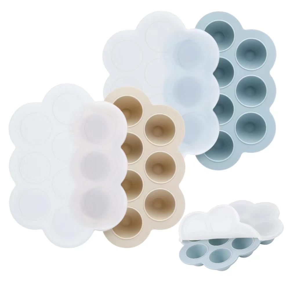 PandaEar 2 Pack Baby Food Freezer Tray with Lids Silicone Baby Fruit Food Feeder Teether Tray Baby Food Storage Container Ice Cube Tray Maker for Homemade Baby Food (Blue/Tan)