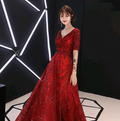 Bridal Toast Dress, New Red V-Neck Evening Gown