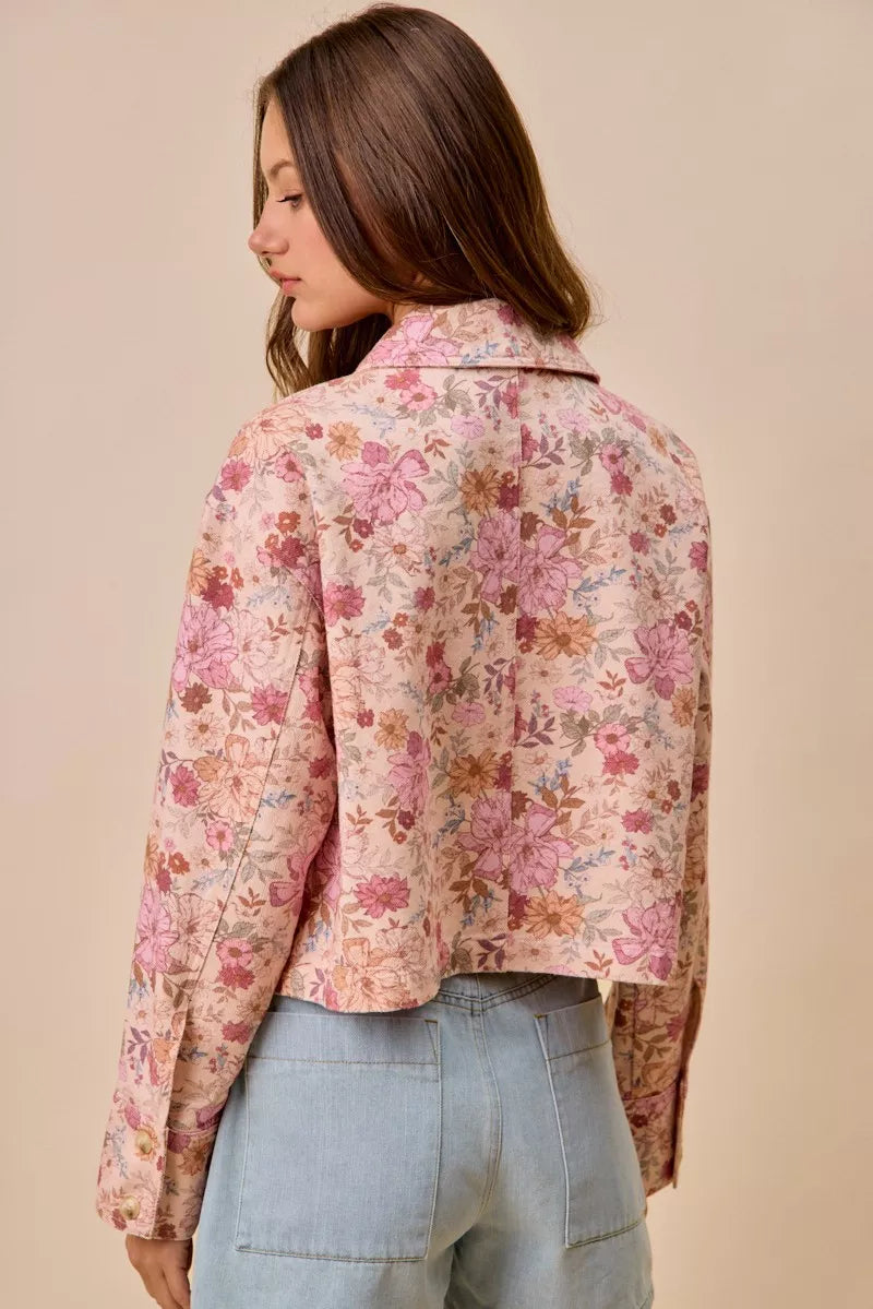 SO ME Floral Print Cotton Twill Button Down Barn Jacket
