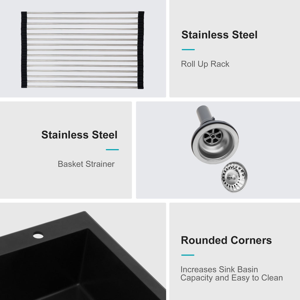Quartz Kitchen Sink - 33' x 22' Black Granite Composite Drop-In Sink with Durable Construction