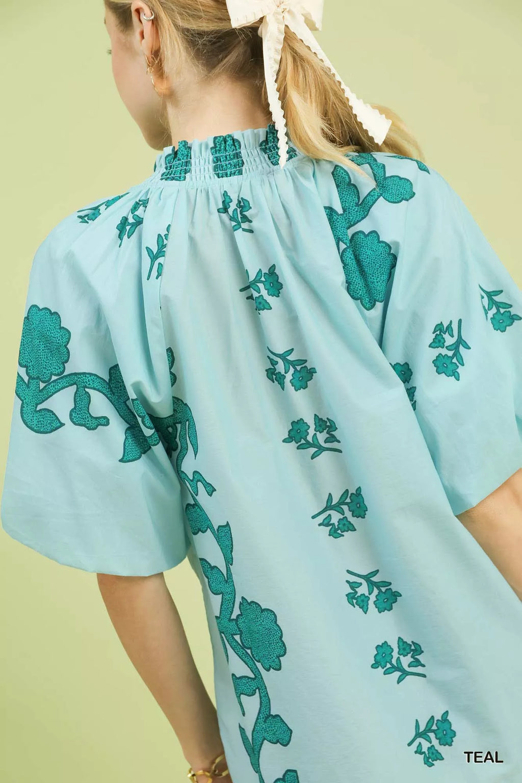 Umgee Floral Smocked Notched Puff Sleeve Blouse