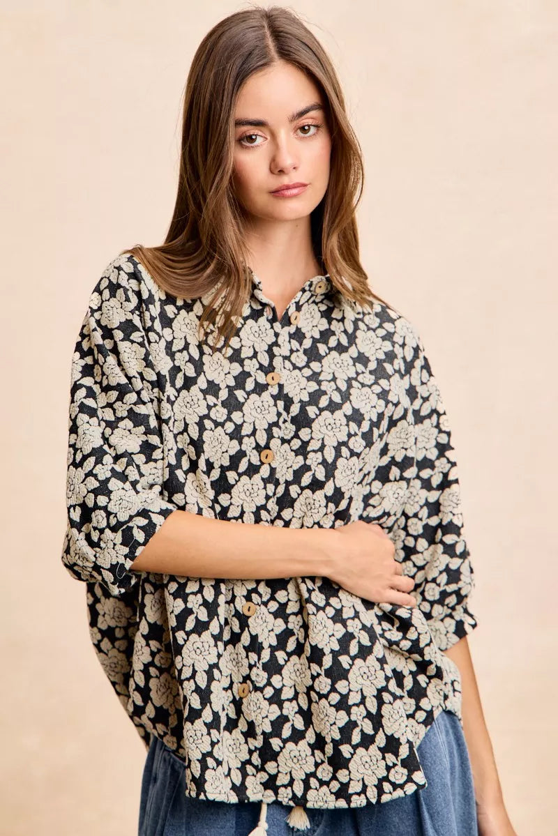 BiBi Floral Jacquard Short Dolman Sleeves Shirt