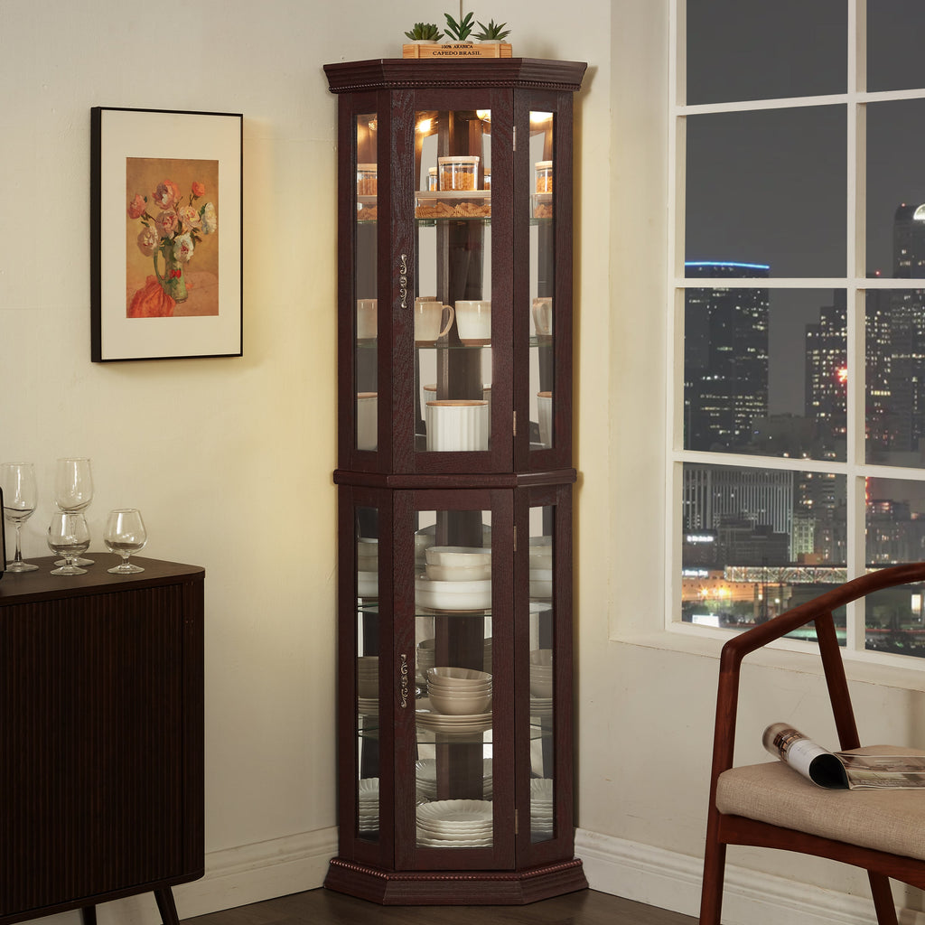Lighted Corner Curio Cabinet - Glass Display Shelf with Tempered Glass Doors, Adjustable Shelving, and Included Bead Bulb - Ideal Bar Cabinet for Home Decor- DARK CHERRY