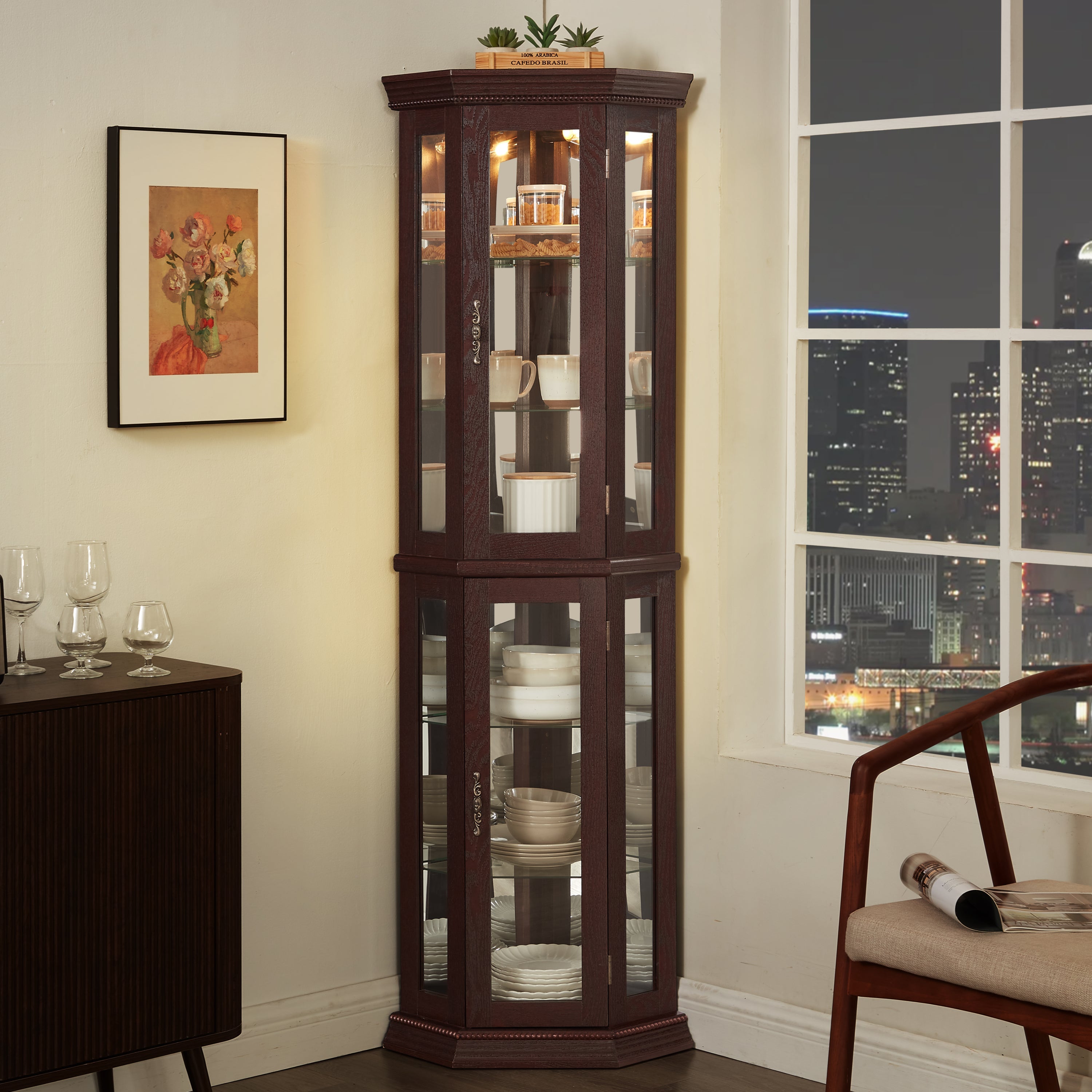 Lighted Corner Curio Cabinet - Glass Display Shelf with Tempered Glass Doors, Adjustable Shelving, and Included Bead Bulb - Ideal Bar Cabinet for Home Decor- DARK CHERRY