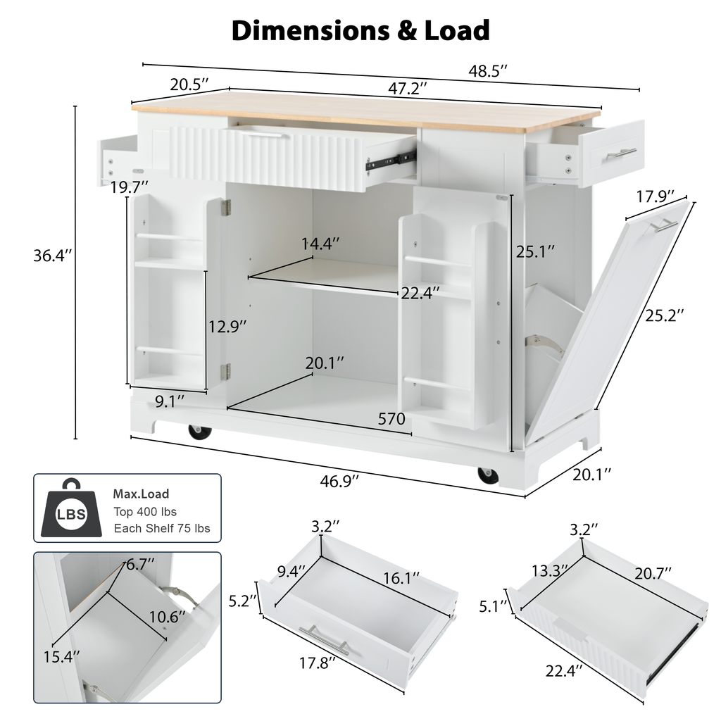 K&K Fluted Kitchen Island with Trash Can Storage Cabinet, Power Outlet, Internal Storage Rack, Rolling Kitchen Islands on 5 Wheels with 3 Drawer, 3 Open Side Racks for 10 Gallon Garbage Bin, White
