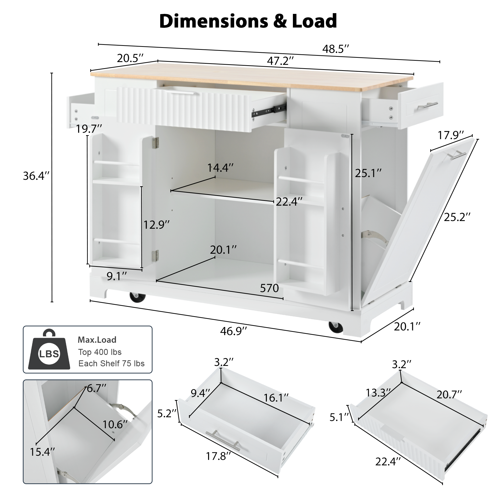 K&K Fluted Kitchen Island with Trash Can Storage Cabinet, Power Outlet, Internal Storage Rack, Rolling Kitchen Islands on 5 Wheels with 3 Drawer, 3 Open Side Racks for 10 Gallon Garbage Bin, White