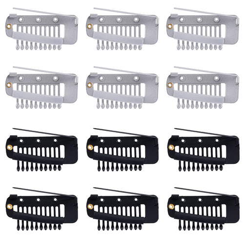 12pcs Wig Clip with Safety Pins 10-Teeth Hair Extension Snap Invisible Wig Combs to Secure Wig No Sew Chunni Grip Dupatta Clips for Girls Women Wig Headscarf Hijab & Tikka (Black Silver)