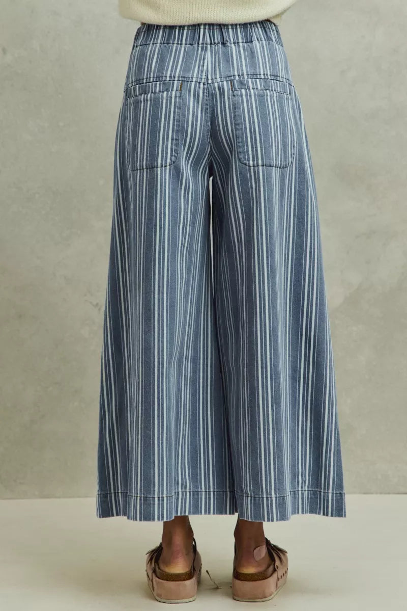 SO ME Mid Rise Stripe Denim Washed Pleat Wide Leg Pants