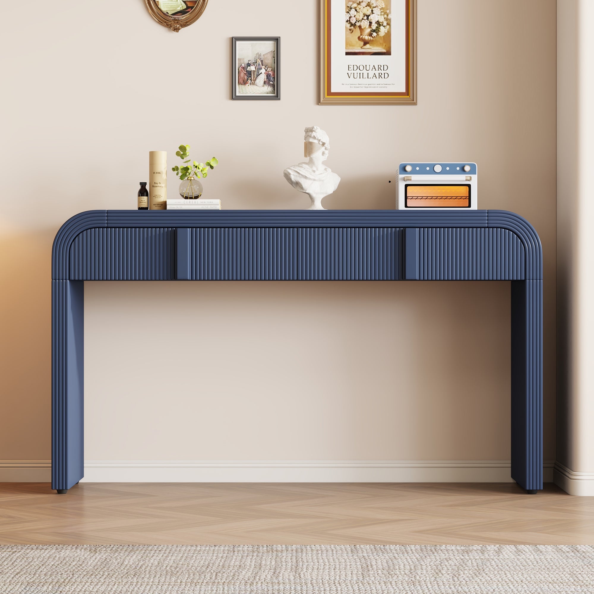 TREXM Modern Console Table with 2 Storage Drawers, Fluted Entryway Table with Rounded Silhouette for Hallway Living Room and Entryway (Navy Blue)