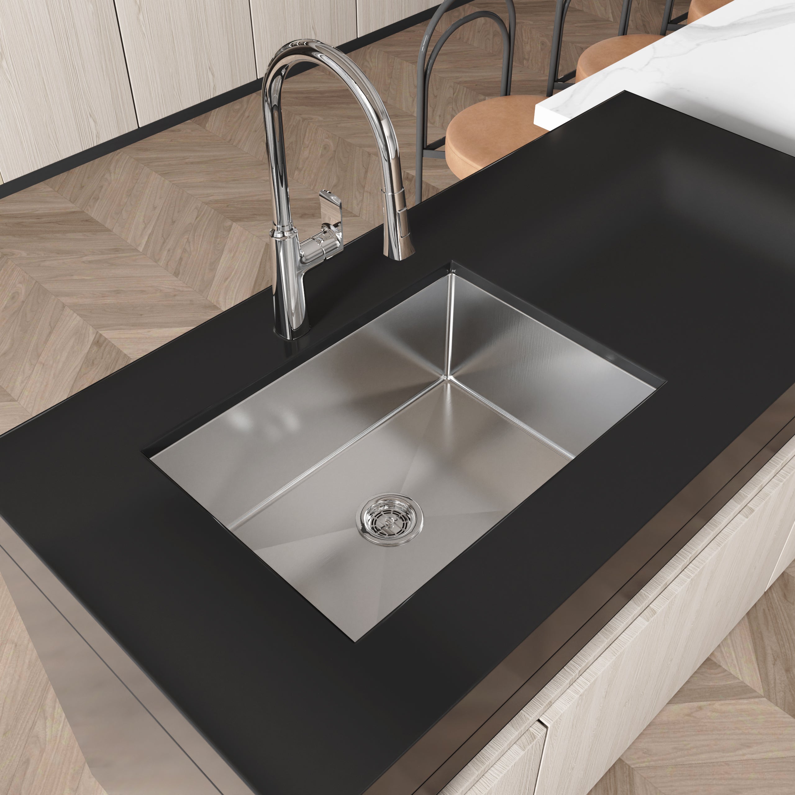Stainless Steel Kitchen Sink, 27″x19″ Single Bowl, Undermount Handmade Sink in Brushed Nickel, with US Standard Drain and Hook, LS-SSBR06