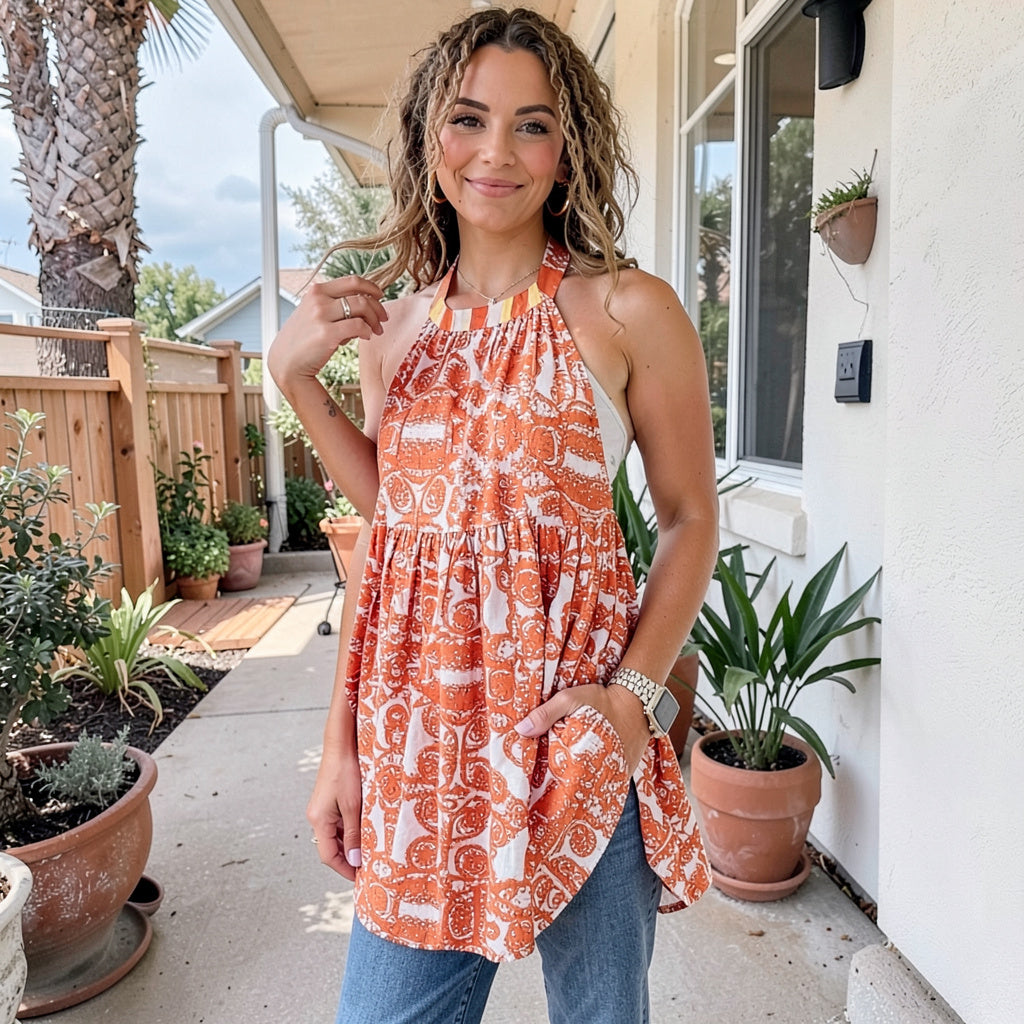 Free People Womens Top Orange Halter Colorblock Tunic, Size XS