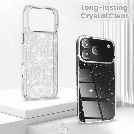 Glitter Clear Case Compatible with iPhone 17 Pro, Sparkly Hard Back Cover, Transparent