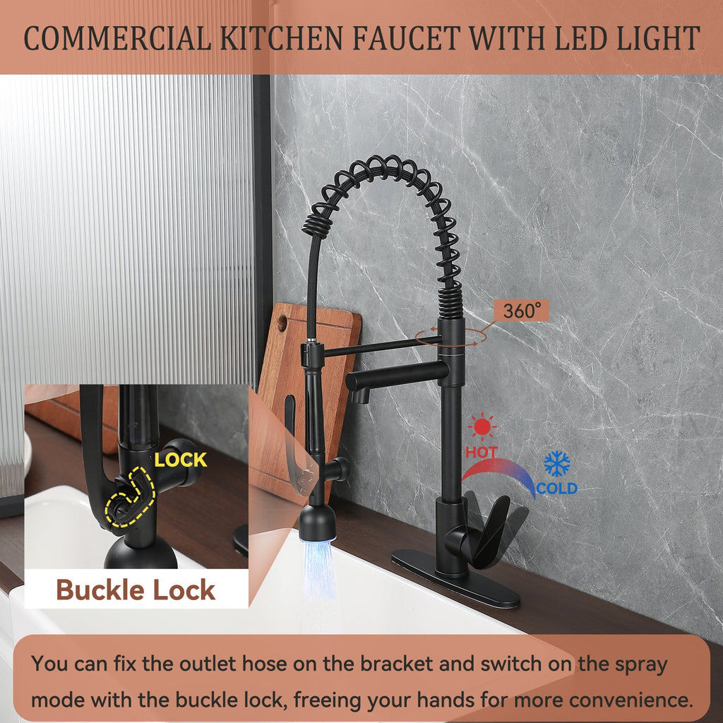 Industrial Chic Matte Black Kitchen Sink Faucet with LED Pull Down Sprayer, Single Handle High Arc Stainless Steel Faucet, Dual Spouts, Deck Mount