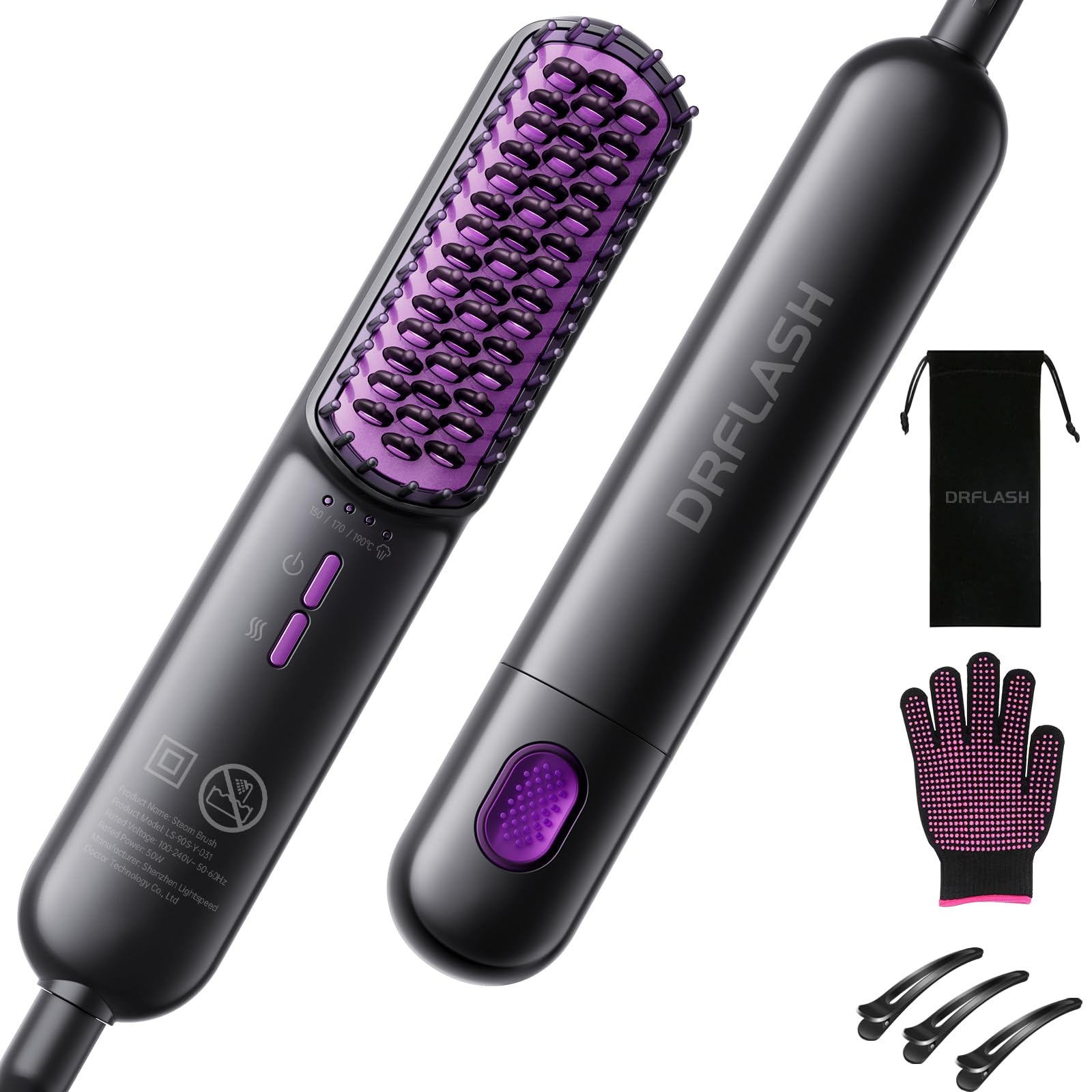 DRFLASH Hair Straightener Brush-Negative Ion Steam Straightening Brush with 3 Temp SettingsAnti-Scald Ceramic Straightening Comb & 5 Mins Auto-Off Function for Home SalonDual Voltage