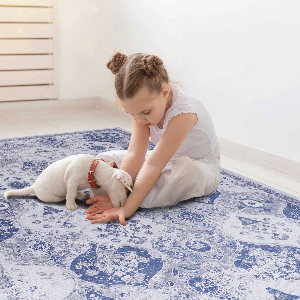 NAAR MAVAL Blue Washable Rug 2' x 3' Doormat Rug (Blue, 2' x 3')