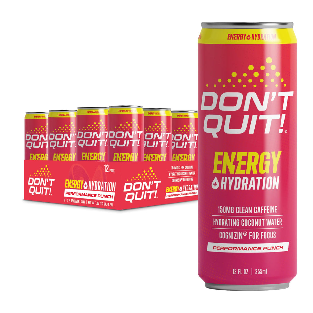 Don’T Quit Clean Sports Energy Drink - 150 Milligrams of Natural Caffeine with Coconut Water and Electrolytes for Hydration and Cognizin® for Attention and Focus - (Performance Punch 12 Pack)
