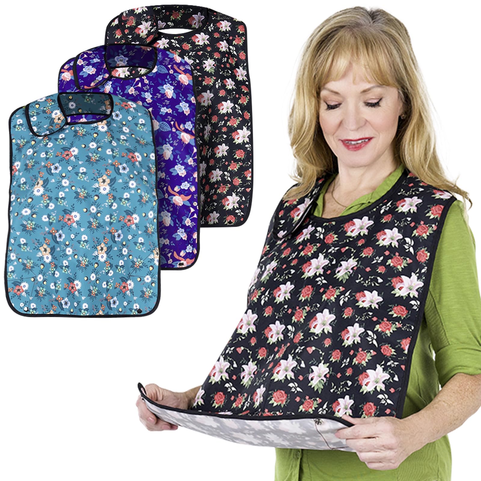 Vive Adult Bibs for Women Men (3-pack) - Adjustable Bibs for Elderly Senior - Premium Waterproof Bib for Eating - Machine Washable Clothing Protector With Cumb Catcher Folding Pocket (Floral)