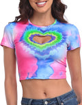 HDE Womens Heart Cut Out Crop Top Short Sleeve T Shirt Y2K Cropped Baby Tee Rainbow Tie Dye - M