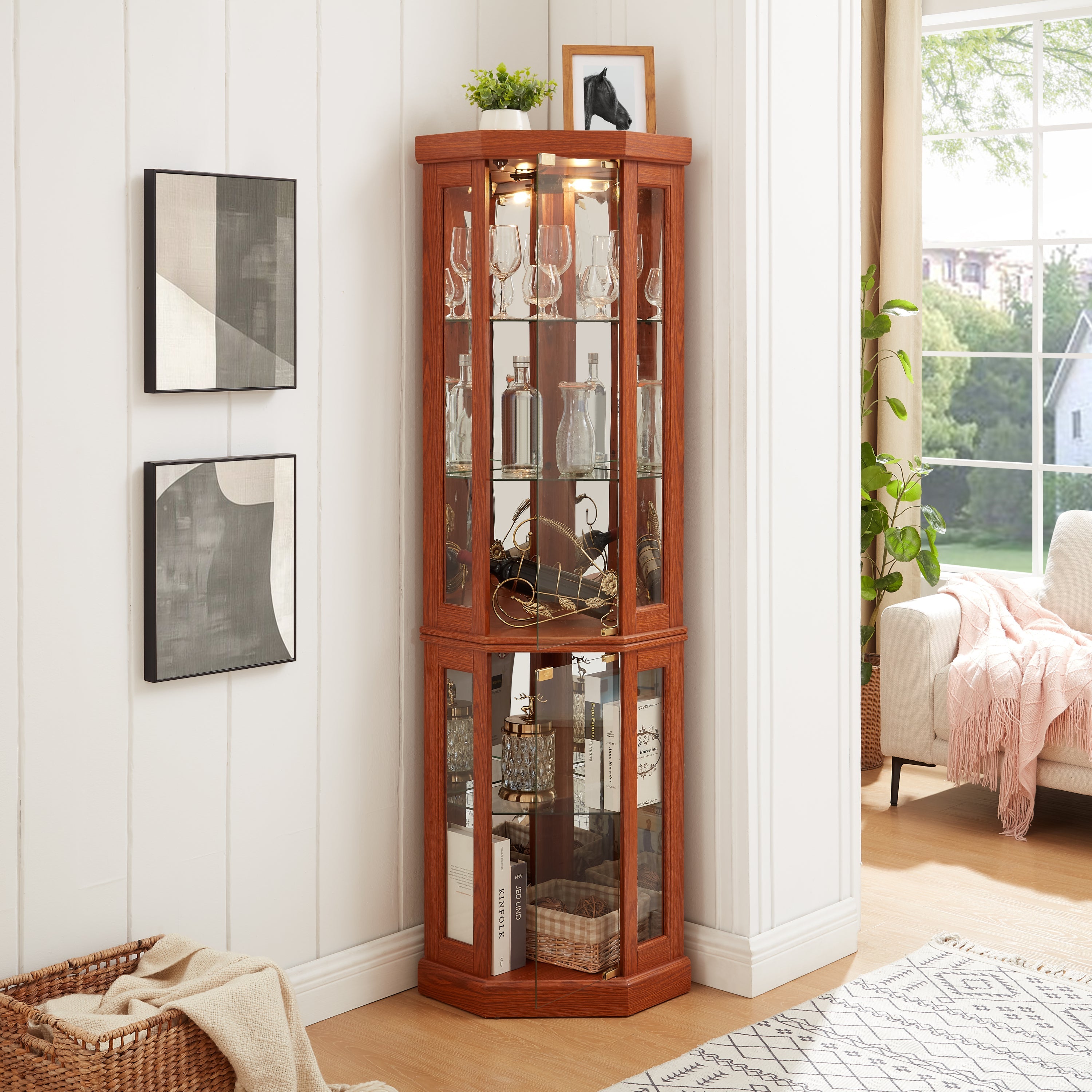 Corner Glass Cabinet Lighted Curio Cabinet Corner Display Case for Living Room, Curio Cabinet, Antique collection, Wine,Bar Glass Storage Light Included, Dark oak