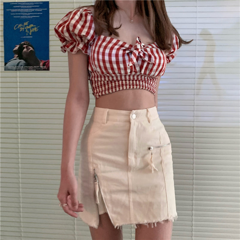 Summer Korean Style Bow Tie Puff Sleeve Outfit Set