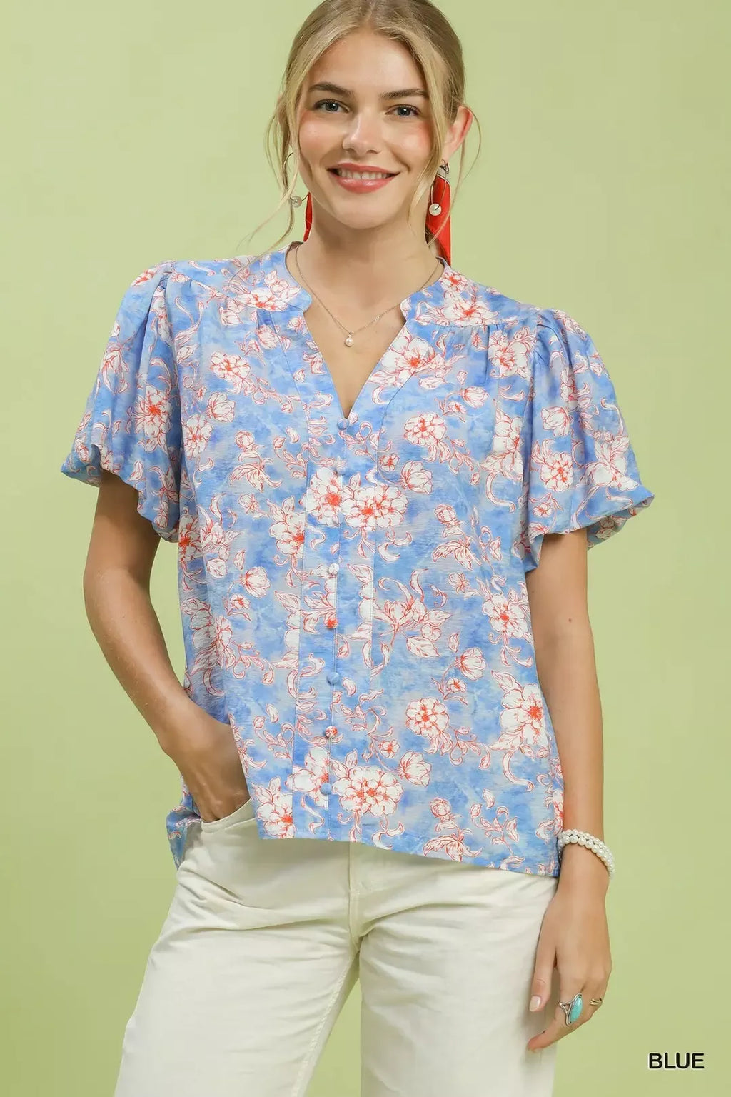 Umgee Floral Button-Front Short Sleeve Shirt