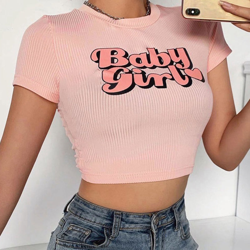 Fashion Letter Printed Casual Navel T-Shirt
